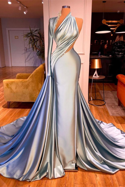 One Shoulder Long Beading Prom Dress Mermaid With Long Sleeve