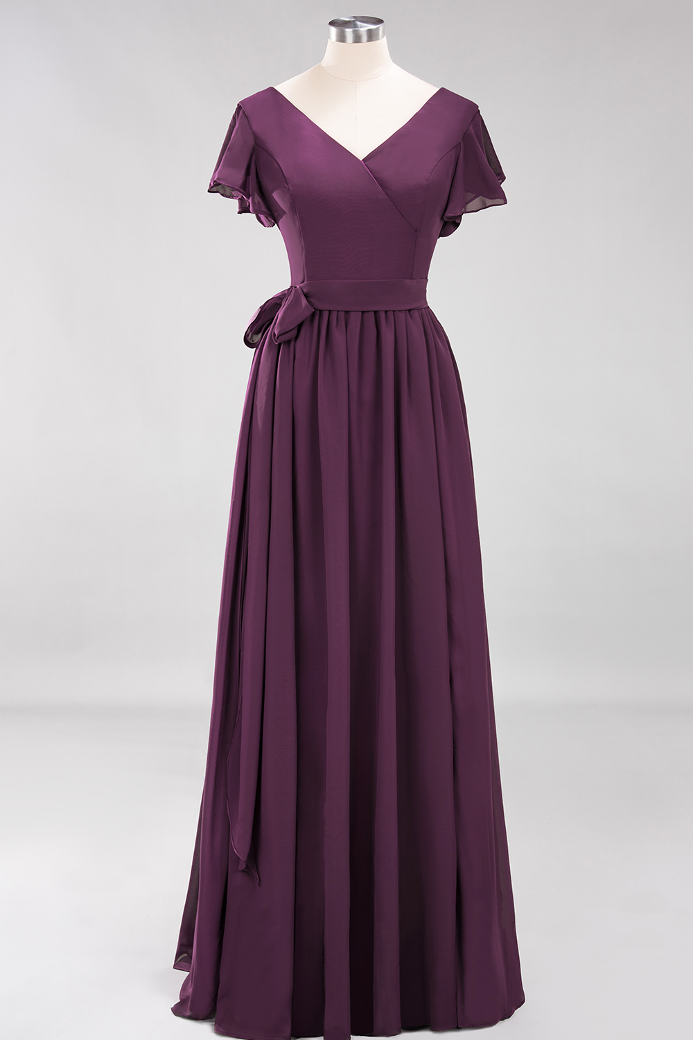 BMbridal Burgundy V-Neck Long Bridesmaid Dress With Short-Sleeves-BMbridal