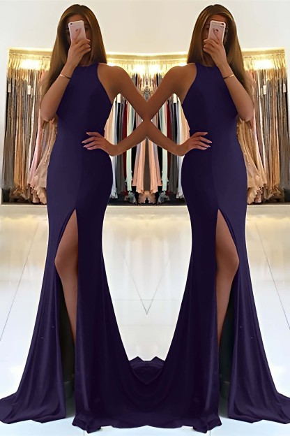 Stunning Royal Blue High Neck Sleeveless Long Mermaid Prom Dress With Split