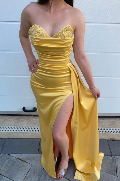 Yellow Beads Mermaid Sweetheart Prom Dress Split With Ruffles