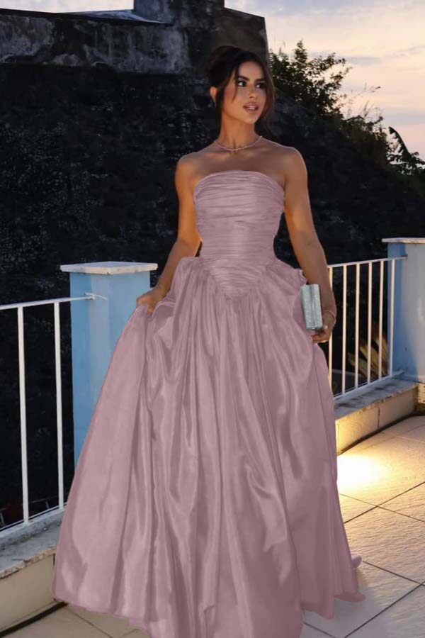 Glamorous Strapless Sleeveless Long Prom Dress With Pleated