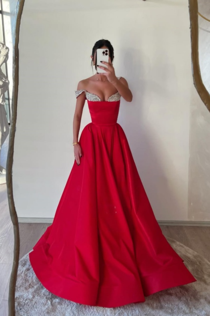 Off the Shoulder Sleeveless Long Prom Dress With Beading Pleated