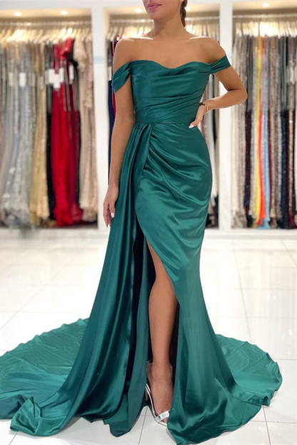 Mermaid Dark Green Pleated Off the Shoulder Long Prom Dress Split With Ruffles
