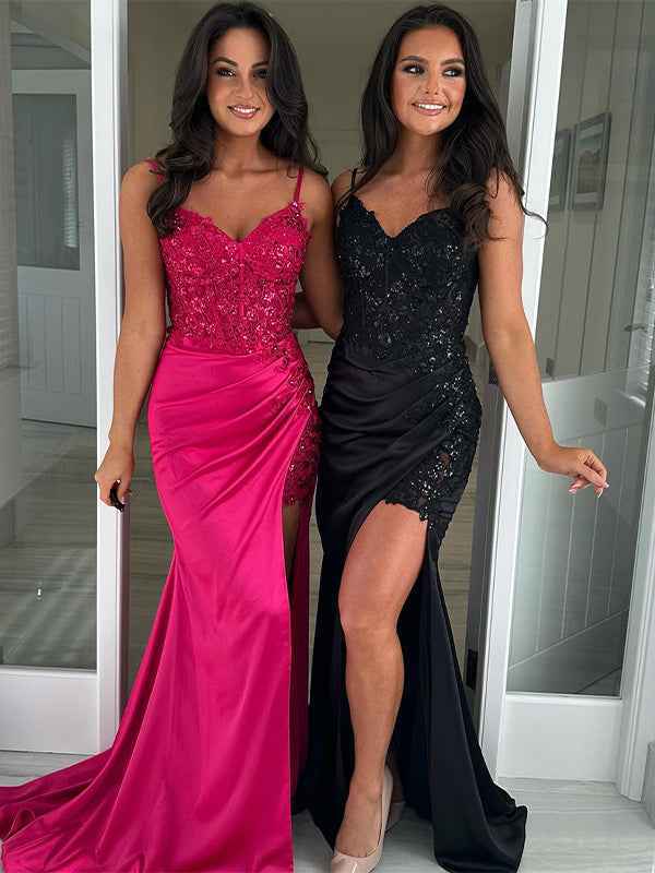 Sparkly Fuchsia Mermaid Spaghetti Straps Sequins Long Prom Dress with Slit