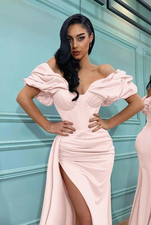 Pink Mermaid Off the Shoulder Sweetheart High Split Prom Dress With Pleated