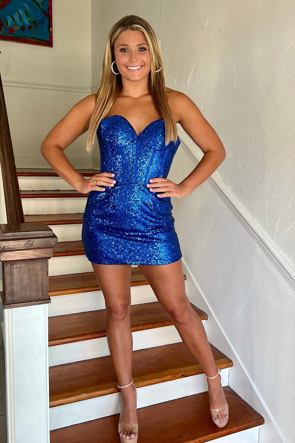 Sparkly Royal Blue Corset Tight Short Sequins Homecoming Dress