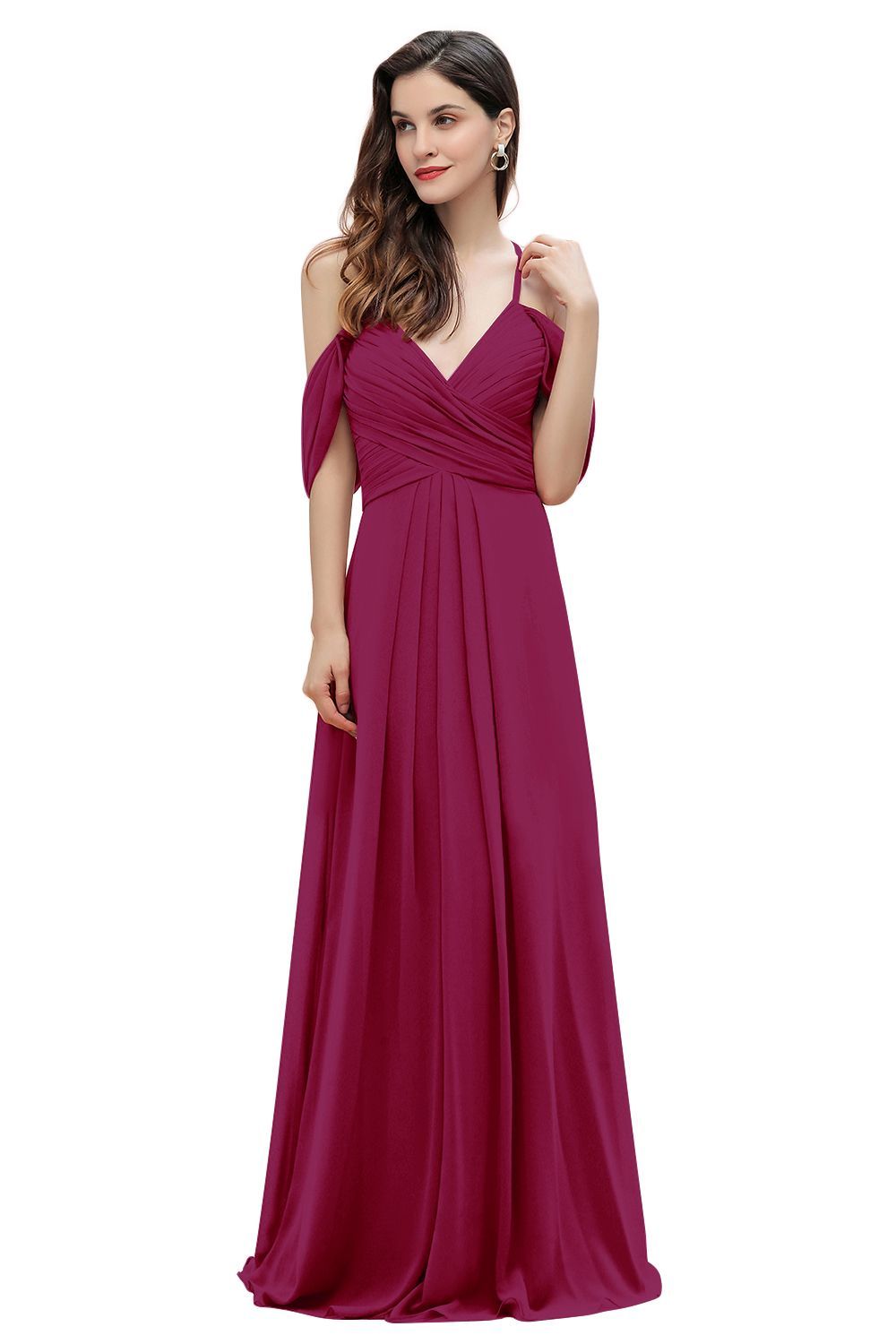 Elegant A-line Off-the-Shoulder V-neck Ruched Long Bridesmaid Dress-BMbridal