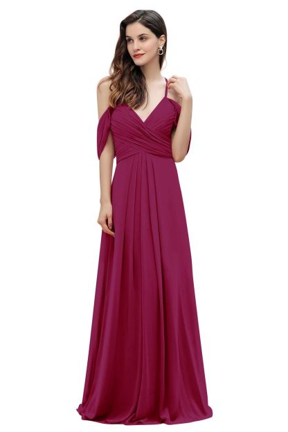 Elegant A-line Off-the-Shoulder V-neck Ruched Long Bridesmaid Dress-BMbridal