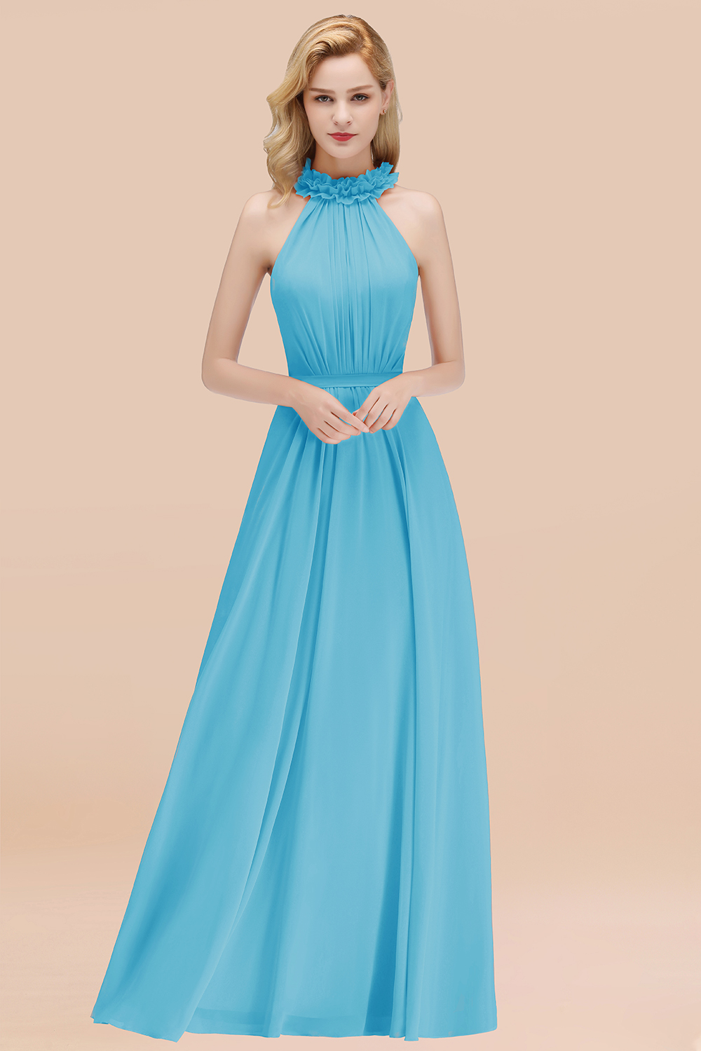 BMbridal Modest High-Neck Halter Ruffle Chiffon Bridesmaid Dresses Affordable-BMbridal