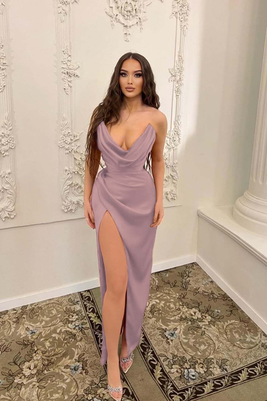 Sleeveless Strapless Long Mermaid Split Prom Dress With Pleated