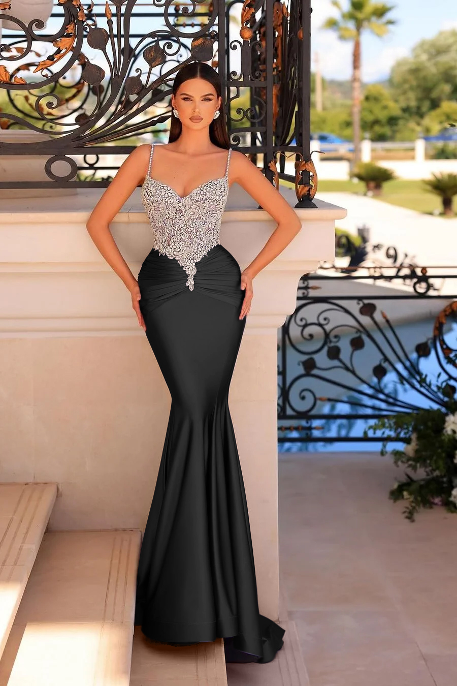 Straps Sleeveless Beading Mermaid Long Prom Dress With Pleated
