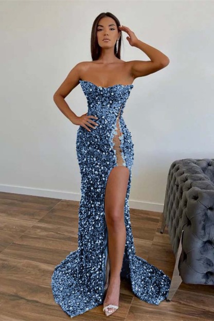 Amazing Dark Green Strapless Sleeveless Mermaid Prom Dress With Sequins