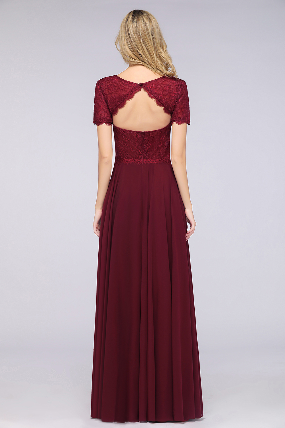 BMbridal Chic Lace Long Burgundy Backless Bridesmaid Dress With Short-Sleeves-BMbridal