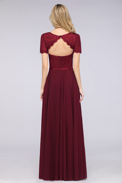 BMbridal Chic Lace Long Burgundy Backless Bridesmaid Dress With Short-Sleeves-BMbridal