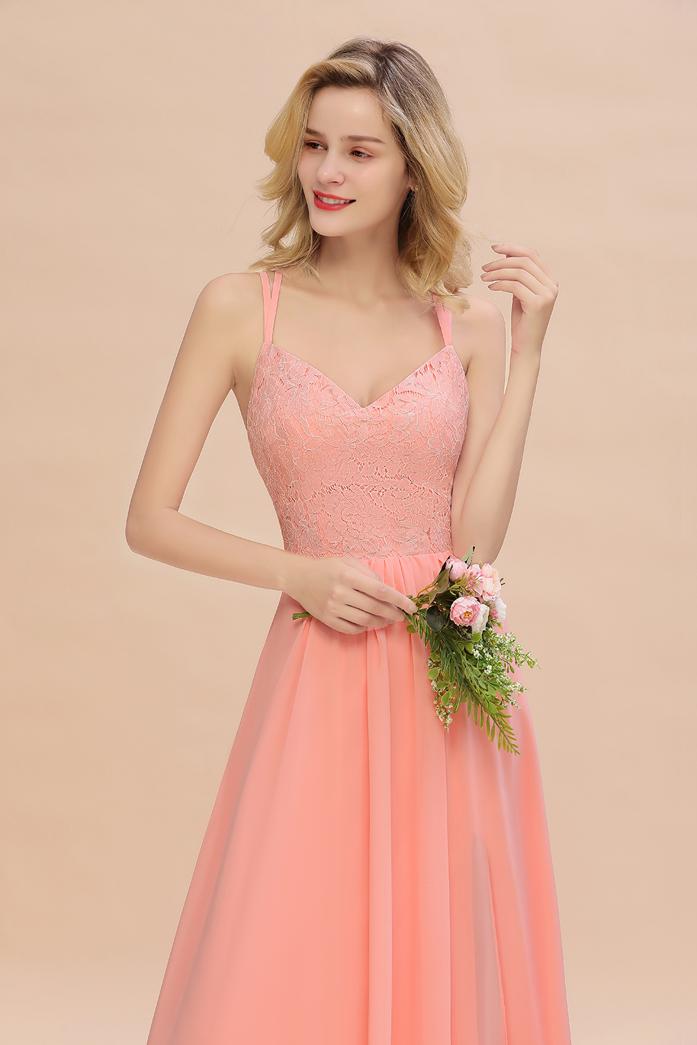 BMbridal Spaghetti-Straps Coral Lace Bridesmaid Dresses with Slit-BMbridal