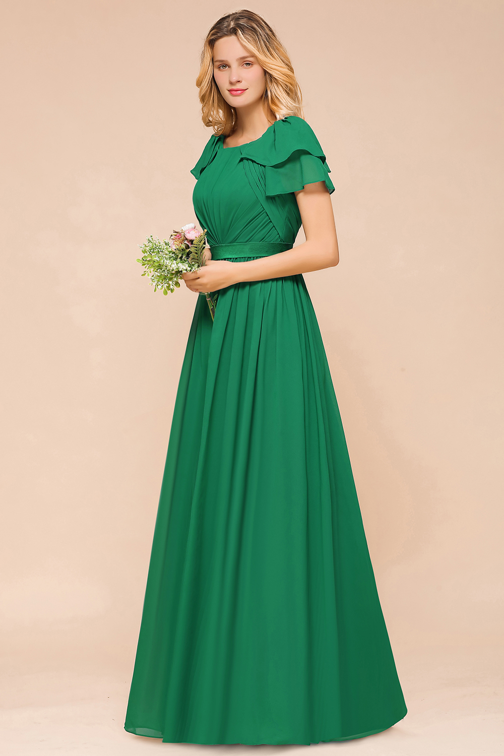 BMbridal Emerald Short Sleeves Chiffon Ruffles Long Bridesmaid Dresses Online-BMbridal