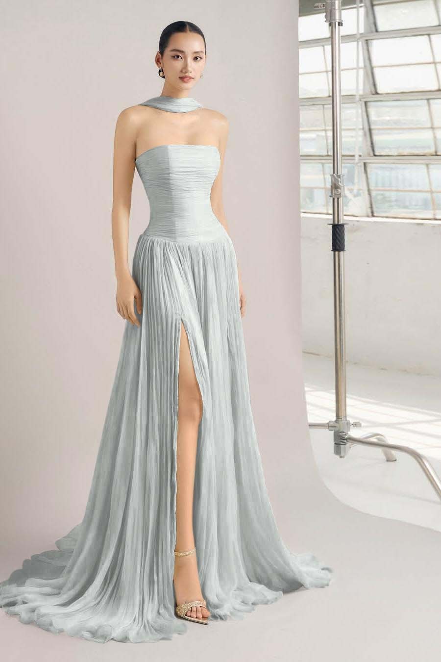 Strapless Sleeveless Long Split Prom Dress With Pleated Ruffles