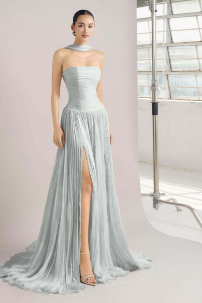 Strapless Sleeveless Long Split Prom Dress With Pleated Ruffles