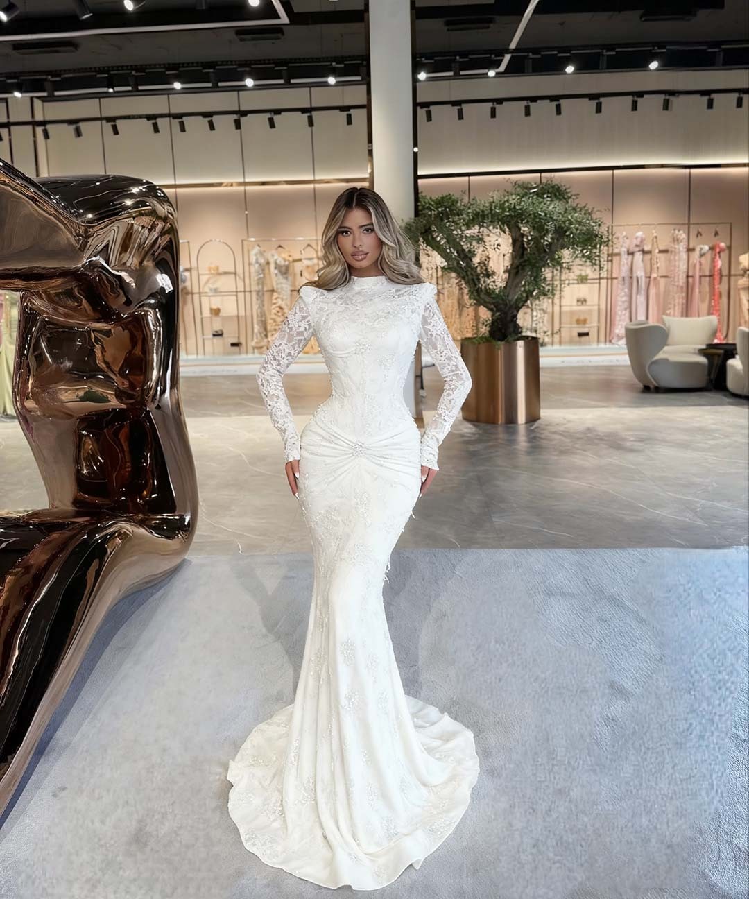 High Neck Long Sleeves Long Mermaid Prom Dress With Beading Pleated