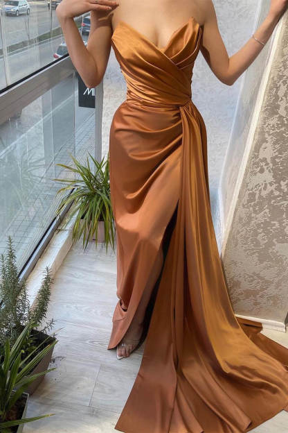 Brown Sweetheart Strapless Mermaid Prom Dress Split Sleeveless With Ruffles