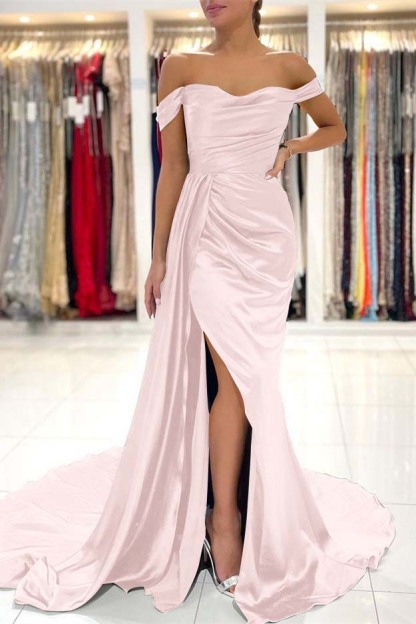 Mermaid Dark Green Pleated Off the Shoulder Long Prom Dress Split With Ruffles