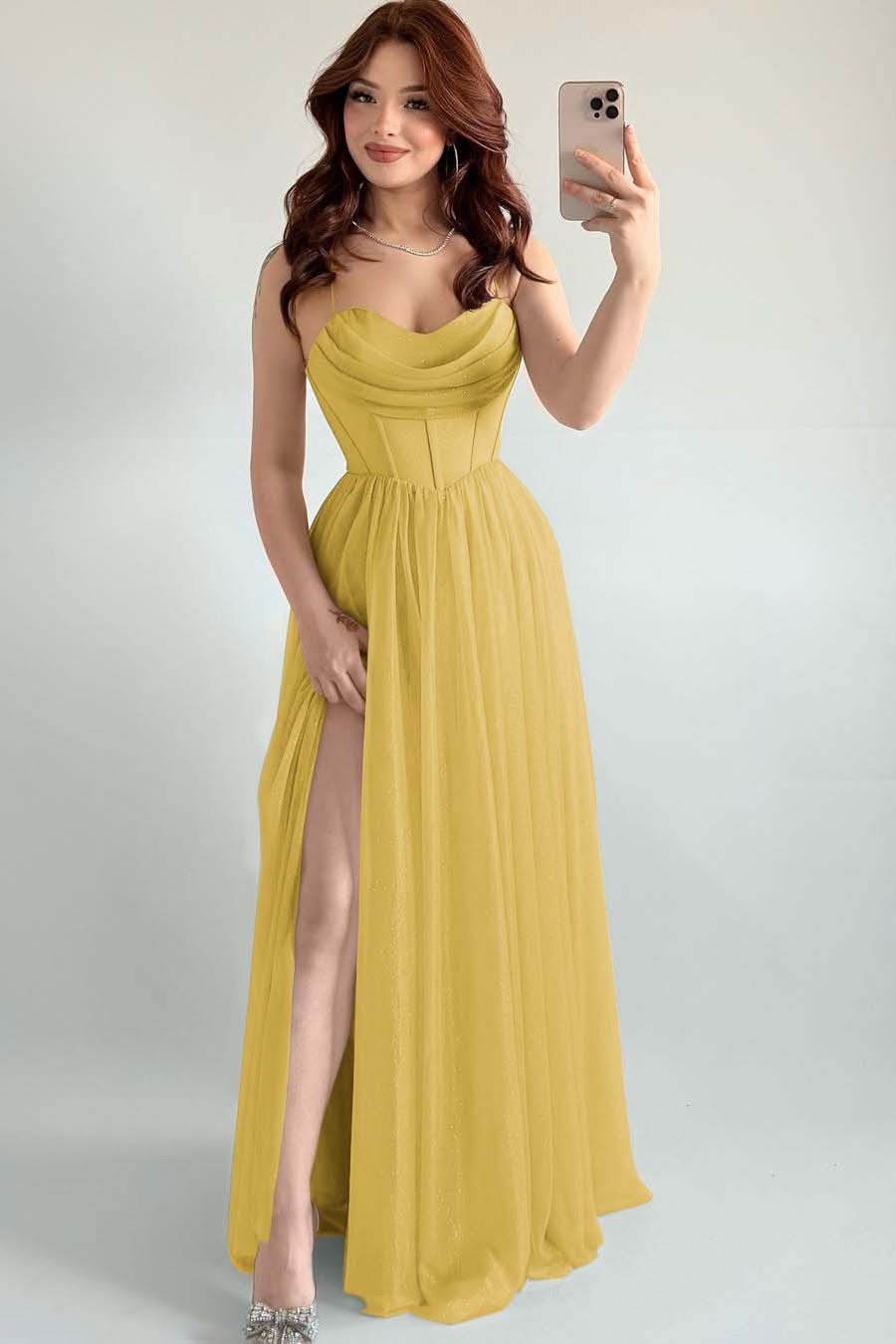 Spaghetti Strap Sleeveless Long High Split Prom Dress With Pleated