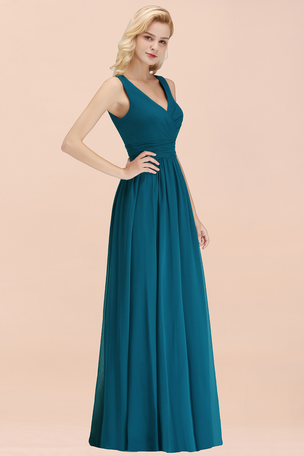 BMbridal Modest Sleeveless V-Neck Long Chiffon Bridesmaid Dress Online with Ruffle-BMbridal