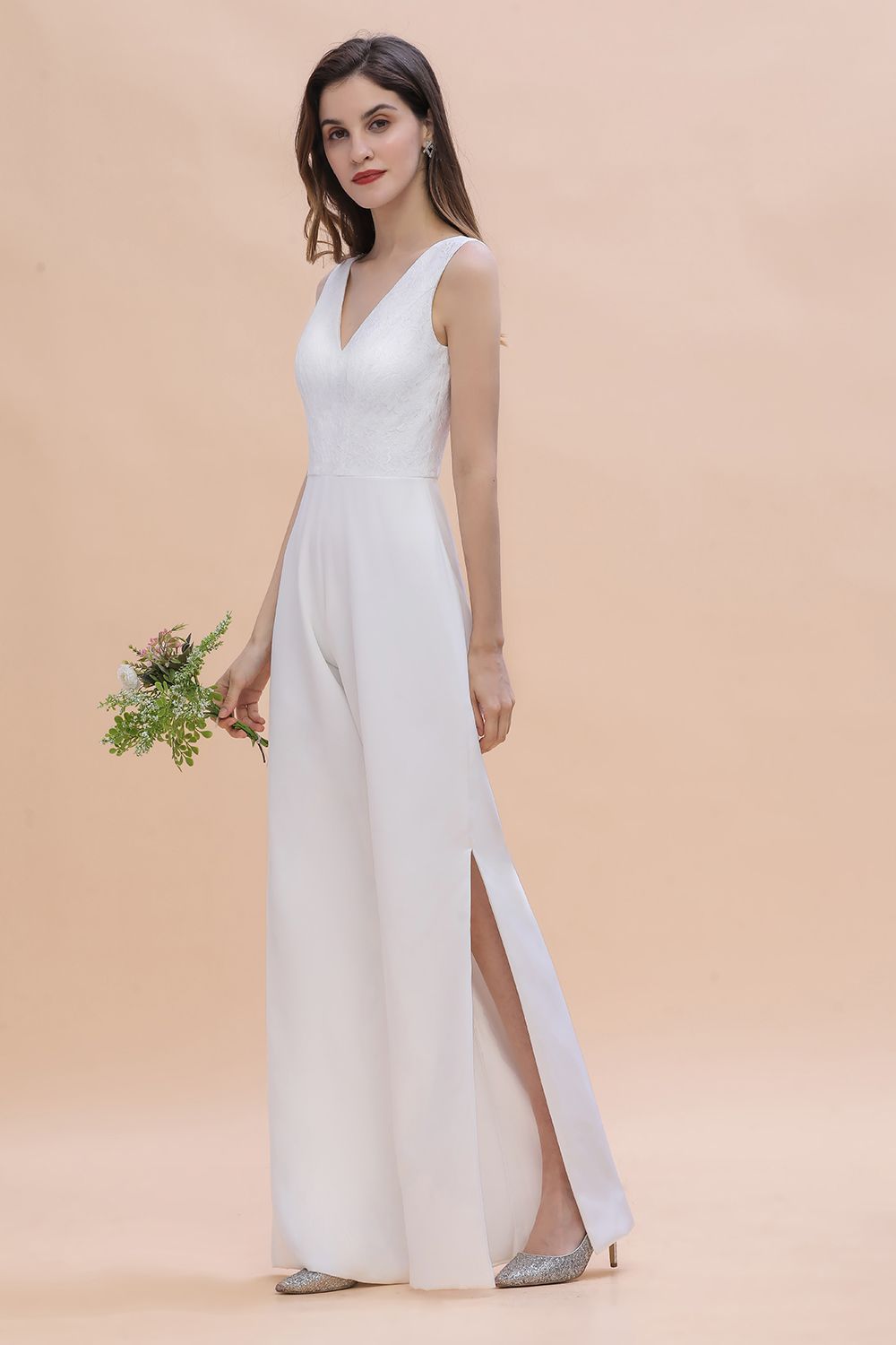 BMbridal Stylish V-neck Sleeveless White Lace Bridesmaid Jumpsuit Online-BMbridal