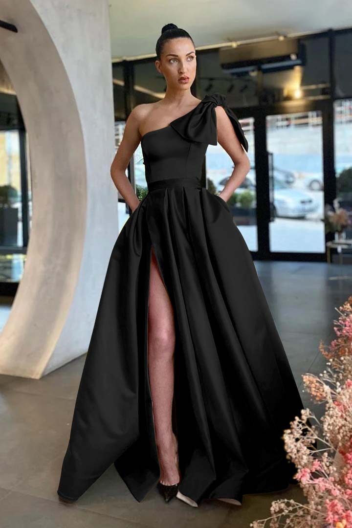 One Shoulder Sleeveless Long Split Prom Dress With Pockets Pleated