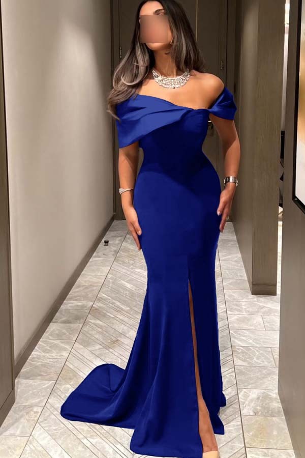 Off the Shoulder Sleeveless Long Mermaid Prom Dress With Pleated
