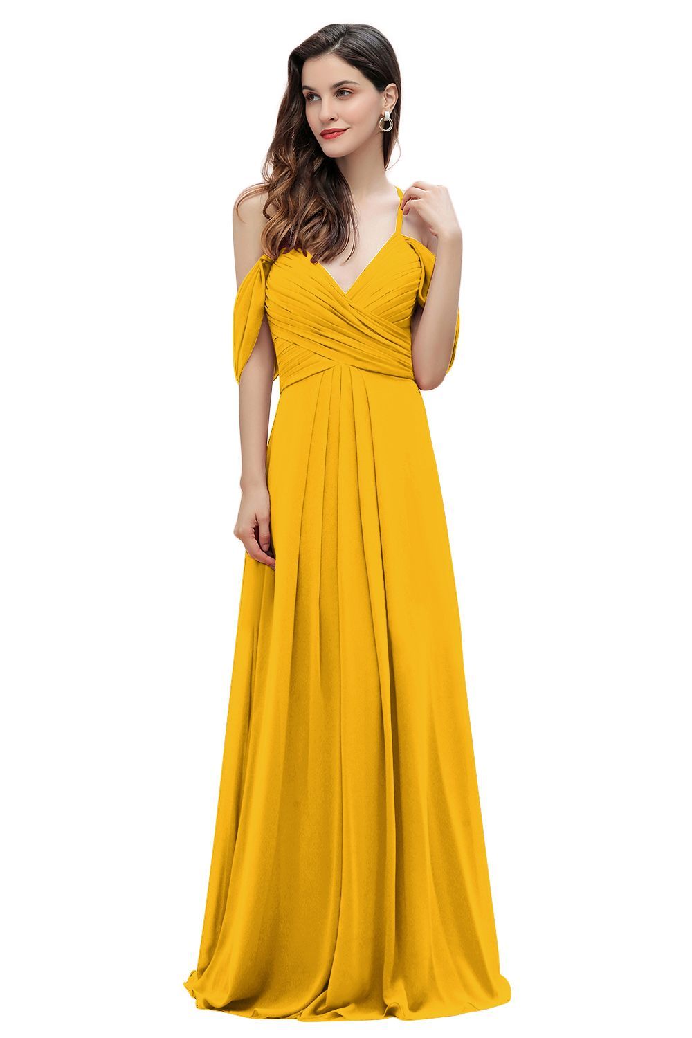 Elegant A-line Off-the-Shoulder V-neck Ruched Long Bridesmaid Dress-BMbridal