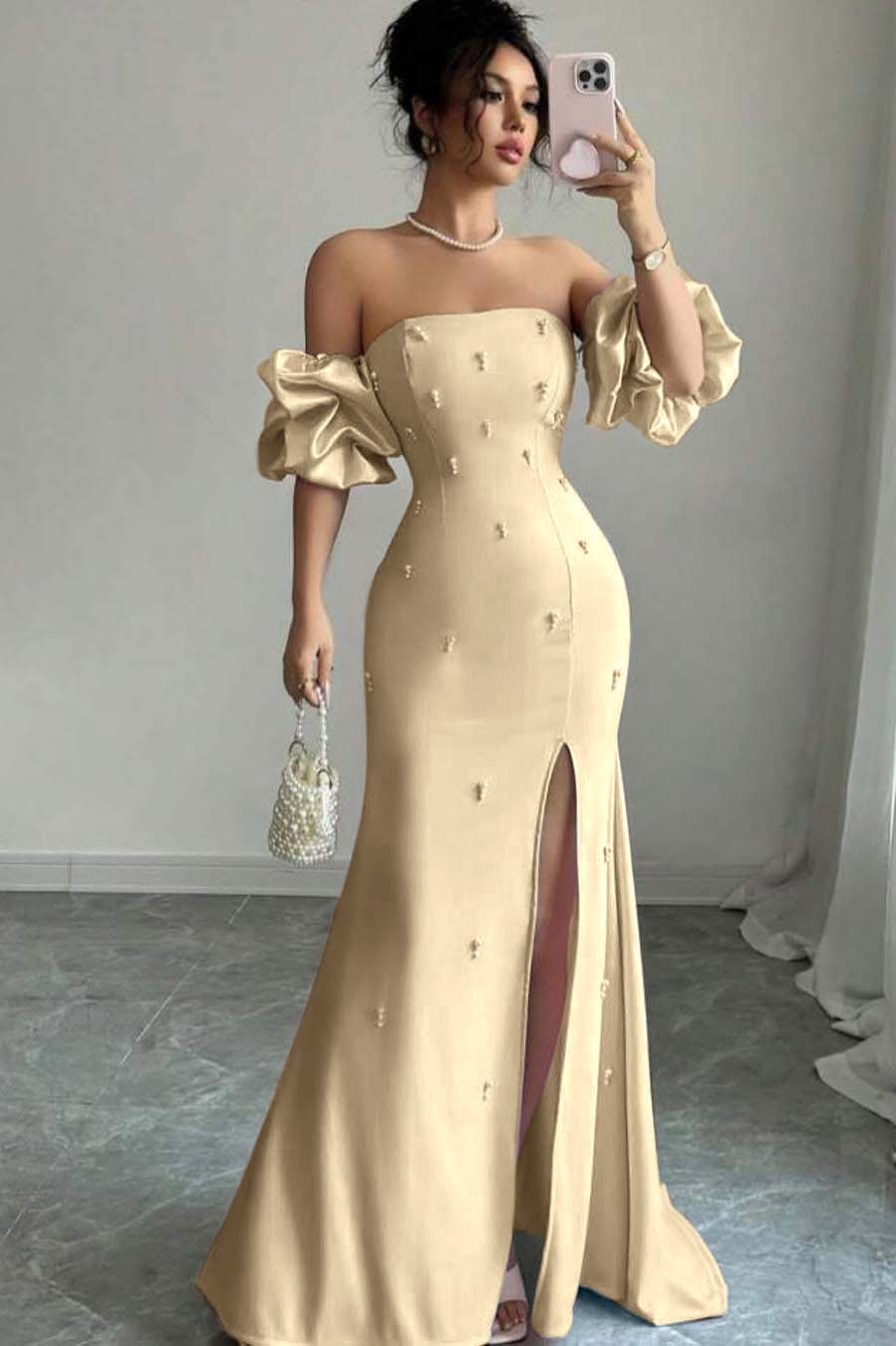 Strapless Bubble Sleeves Long Split Prom Dress With Beading