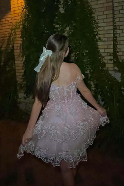 Pink A-Line Off the Shoulder Tiered Short Homecoming Dress