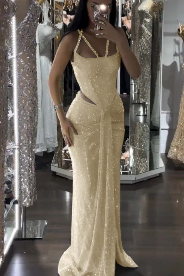 Straps Sleeveless Long Mermaid Prom Dress With Sequins Pleated