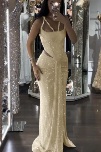 Straps Sleeveless Long Mermaid Prom Dress With Sequins Pleated