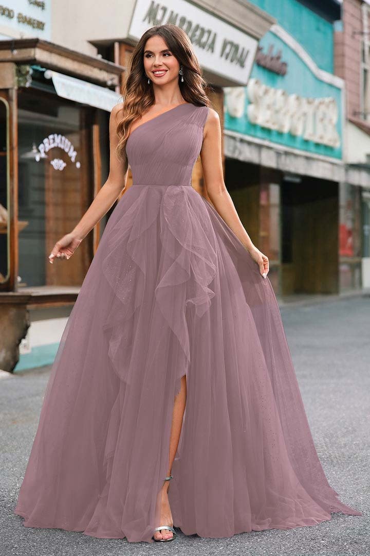 One Shoulder Sleeveless Long Split Prom Dress With Sequins Tulle
