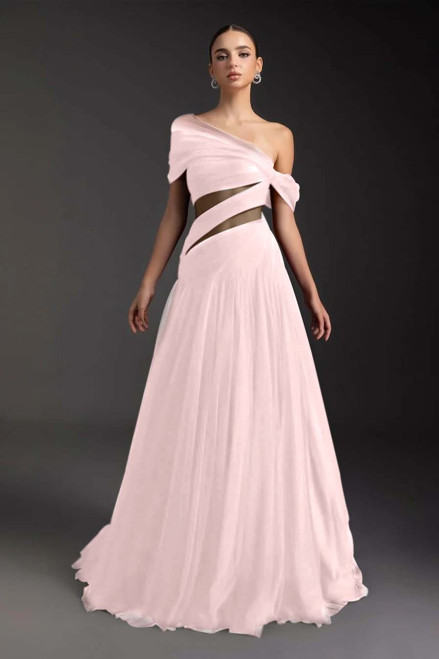 Glamorous Tulle One Shoulder Sleeveless Long Prom Dress With Pleated