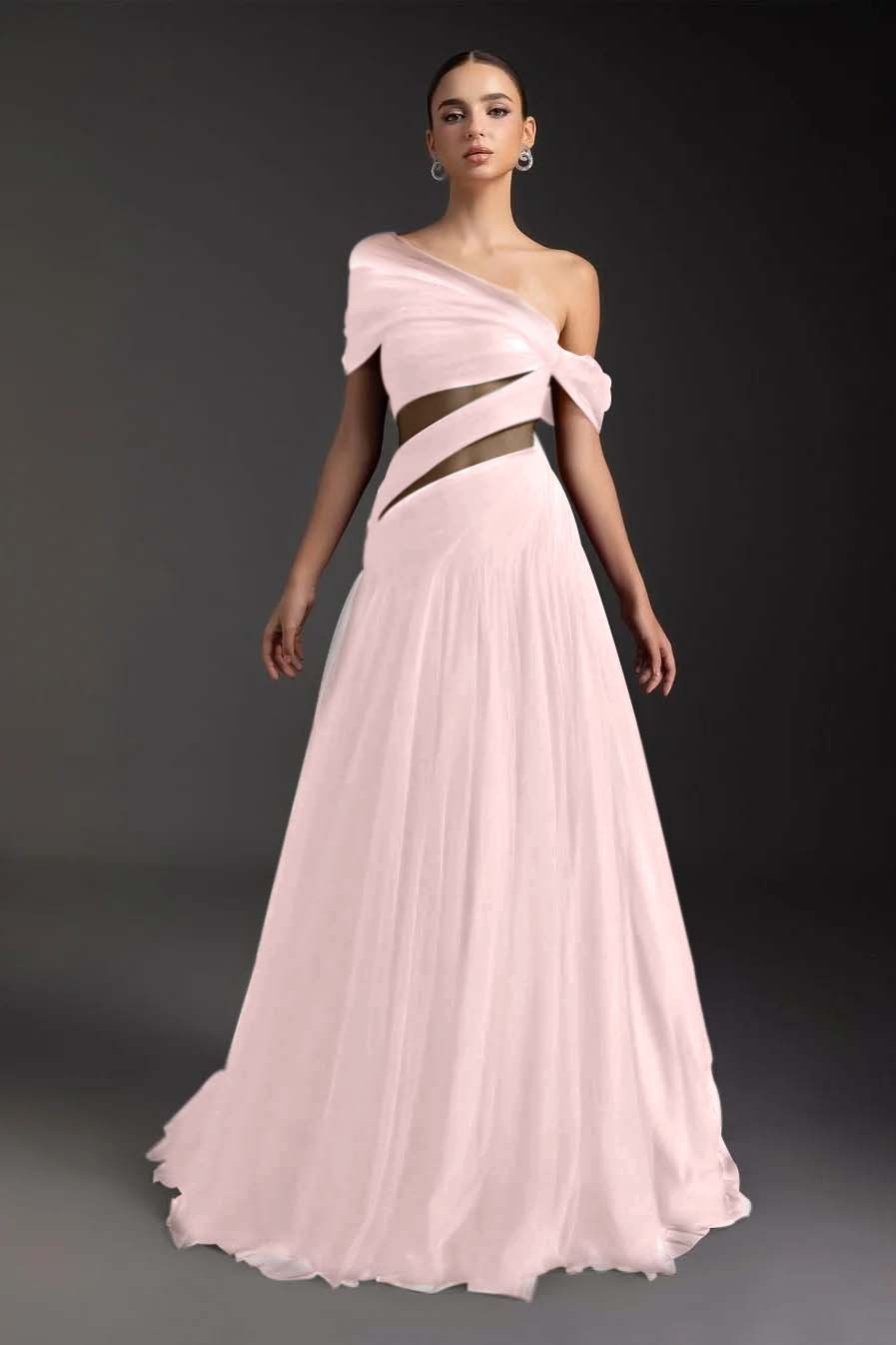 Glamorous Tulle One Shoulder Sleeveless Long Prom Dress With Pleated