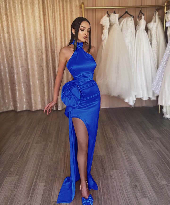 Orange Flower Halter Sleeveless High Split Prom Dress With Pleated