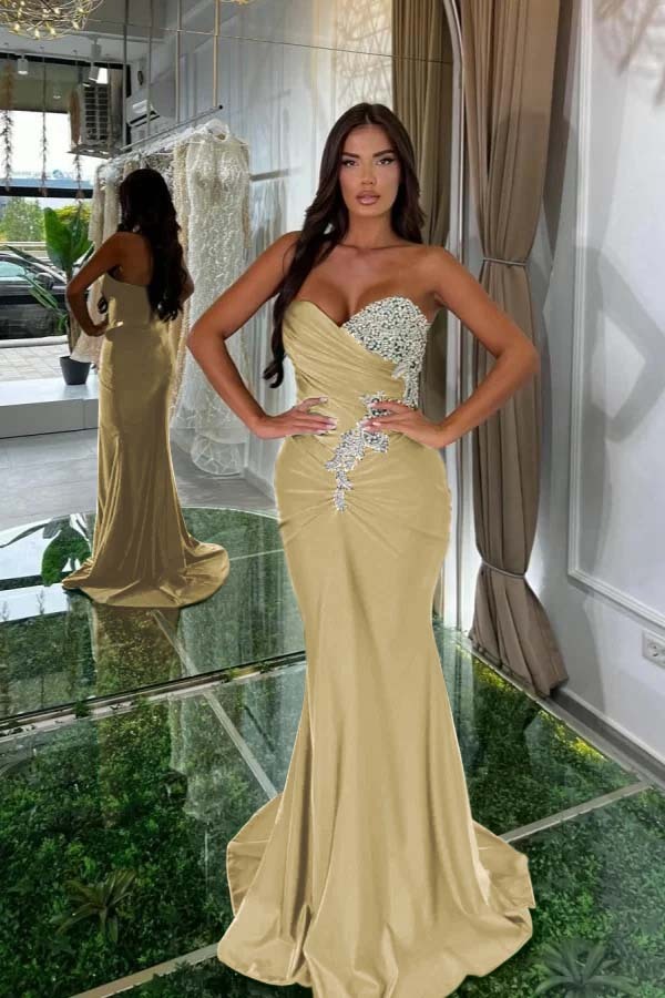 Strapless Sleeveless Long Mermaid Prom Dress With Pleated Beading