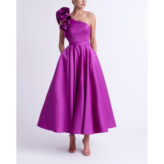 One-Shoulder A-Line Princess Prom Dress in Tea-Length