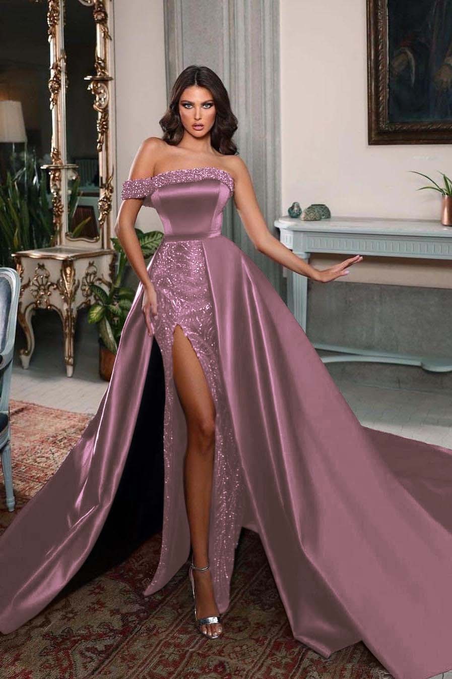 One Shoulder Sleeveless Long Split Prom Dress With Pleated Beading