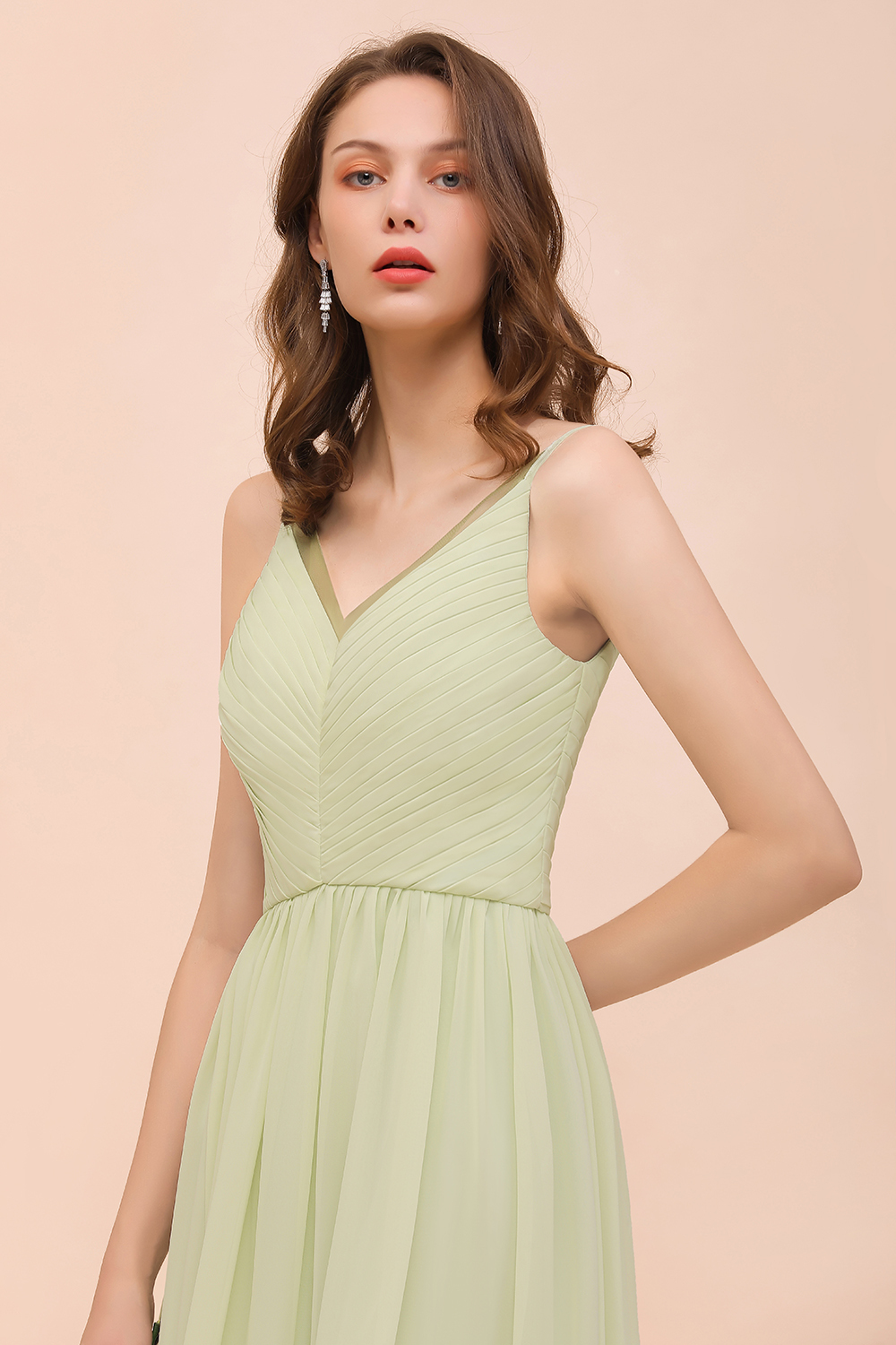 BMbridal Popular V-Neck Sage Chiffon Affordable Bridesmaid Dress with Low Back-BMbridal