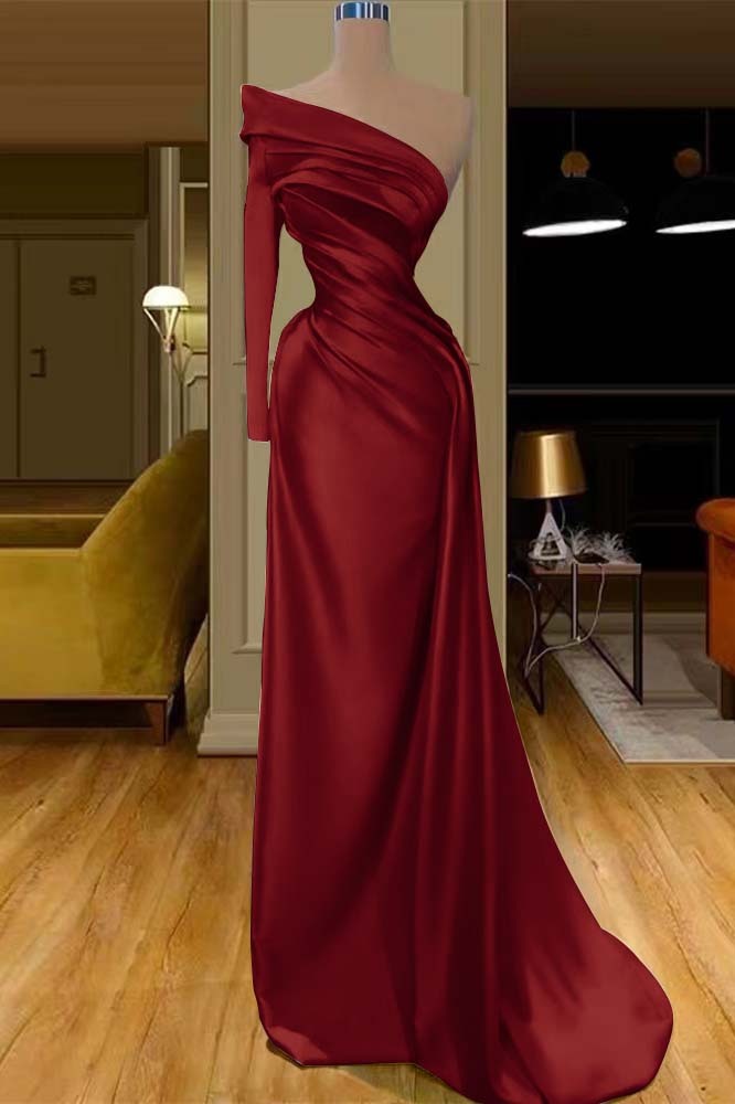 Glamorous One Shoulder Champagne Long Sleeve Prom Dress Mermaid With Pleated