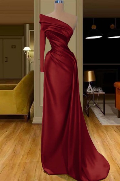 Glamorous One Shoulder Champagne Long Sleeve Prom Dress Mermaid With Pleated