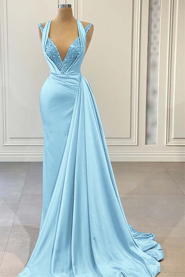 Halter V Neck Sleeveless Long Prom Dress With Beading Pleated