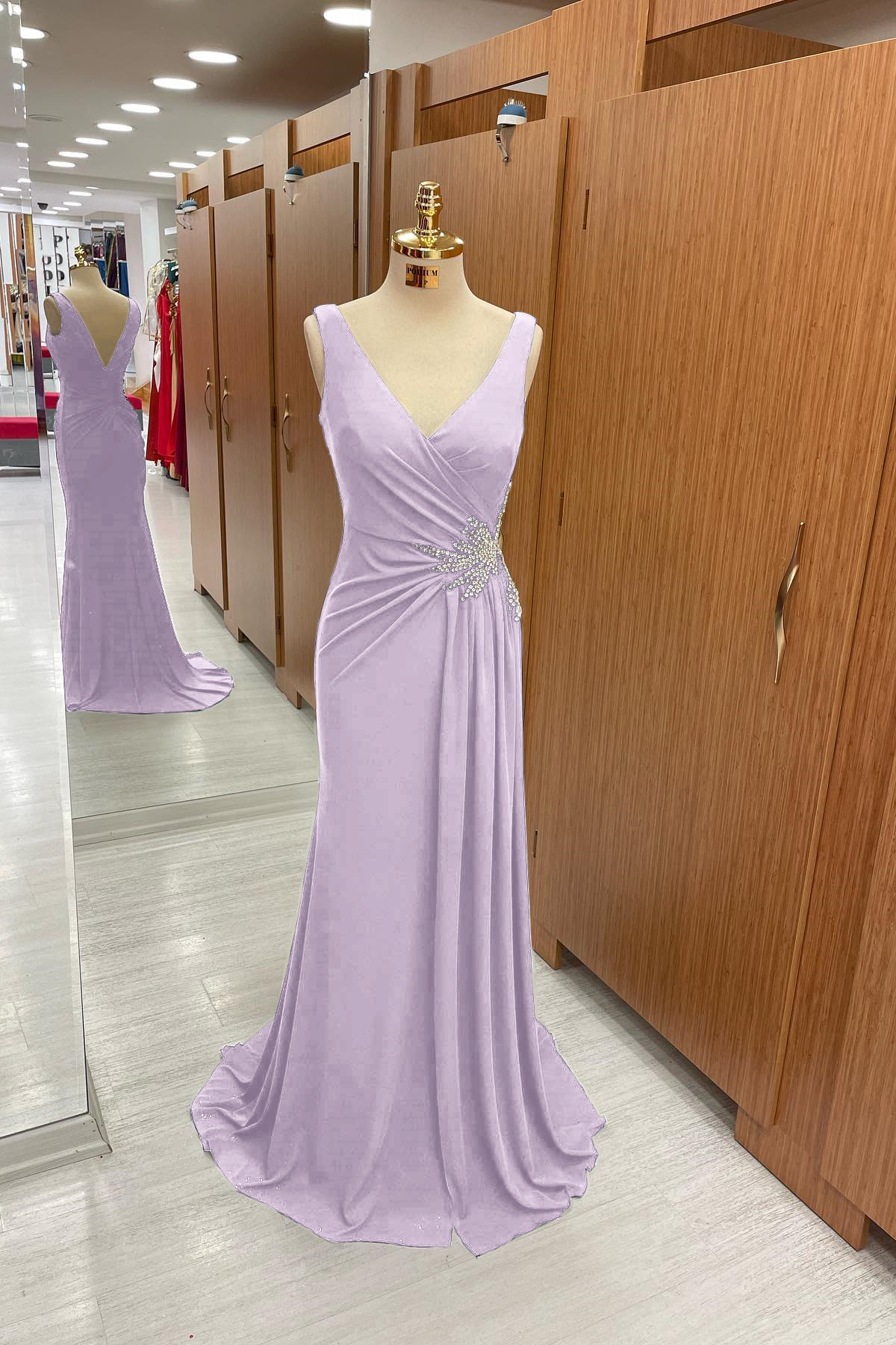 Amazing Dark Navy Straps V Neck Pleated Prom Dress With Rhinestone