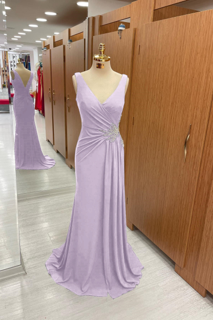 Amazing Dark Navy Straps V Neck Pleated Prom Dress With Rhinestone