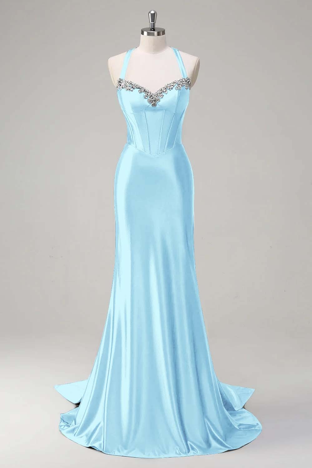 Halter Sleeveless Long Mermaid Prom Dress With Beading Pleated