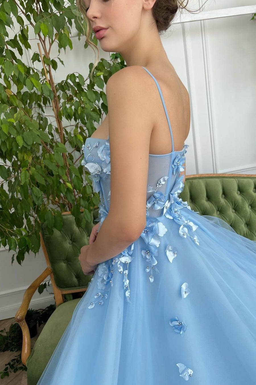 Baby Blue Sweetheart Flowers Appliques Spaghetti Strap Prom Dress With Split